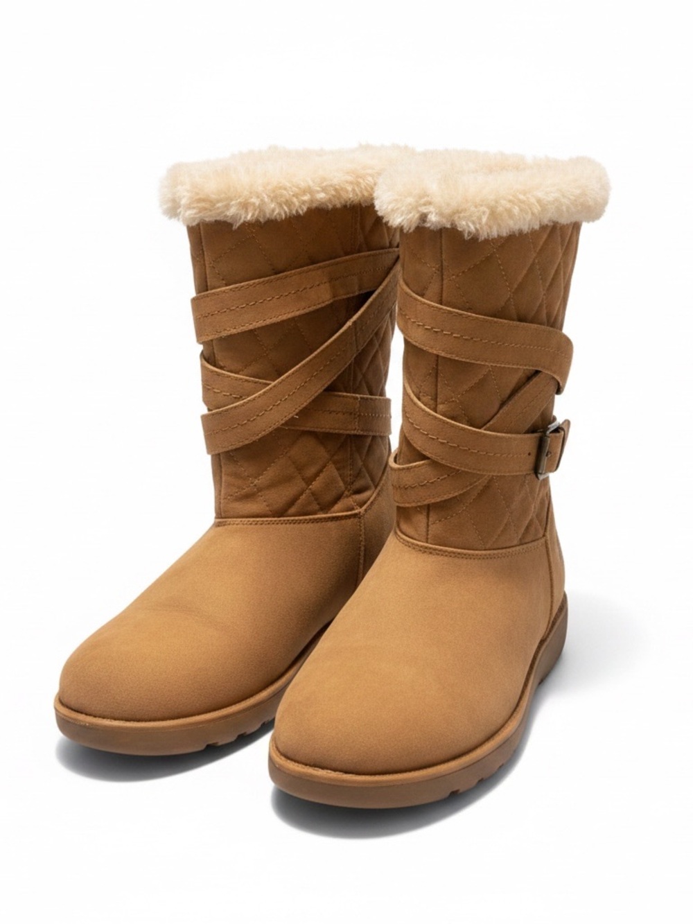 Women's Faux Fur-Trim Quilted Mid-Calf Winter Boots - Tan